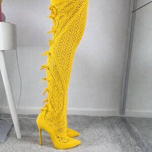 Casadei BOOTS, yes boots, over knee knit , saffron yellow, new, euro sz 35, sz 4
